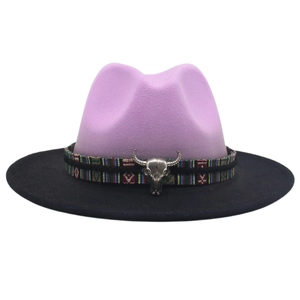 Gradient Western cowboy hat with purple crown, black brim, and silver bull head emblem
