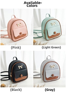 Detail view of mini PU leather backpacks in four colors featuring metal bow ornaments