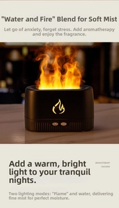 Close-up of black flame humidifier with aromatherapy button and warm lighting effect