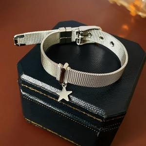 Detail of silver mesh star bracelet with buckle clasp on a jewelry box