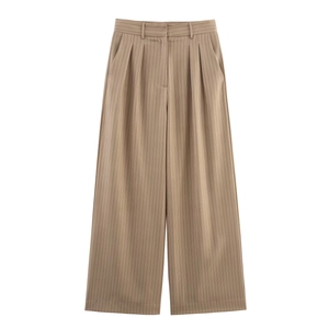 Women's khaki pinstripe wide-leg trousers with high waist and pleated detail