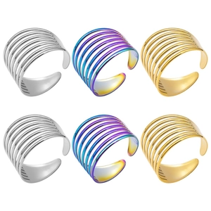 Three-color multi-row hollow stainless steel rings in gold, silver, and rainbow finishes