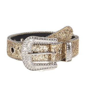 Sparkling gold rhinestone belt for women with large silver buckle on white background