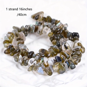 Close-up of natural labradorite gemstone beads with blue flash on 16-inch strand