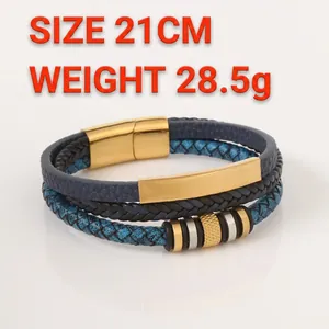 Men's multilayer braided leather bracelet with gold magnetic clasp and metal accents
