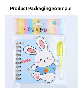 Cartoon rabbit coil notebook set with yellow pen in transparent packaging detail