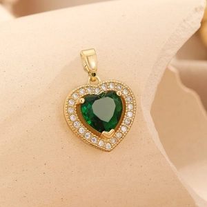 Elegant gold heart pendant with green gemstone and white zircon micro-pave setting