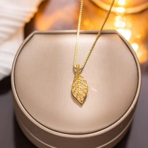 Leaf Pendant Necklace Gold Plated Stainless Steel With Sparkling Rhinestone Elegant Dainty Jewelry For Women Girls