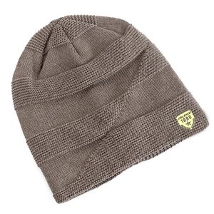 Close-up of brown knit beanie showing ribbed texture and JIRLEMEI 1998 shield patch