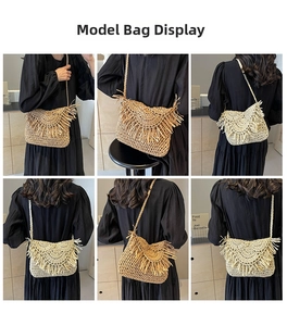Multi-angle views of beige straw crossbody bag with decorative fringe details