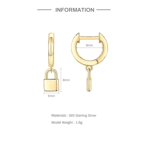 Detailed size specifications for gold lock pendant earring with 925 silver core