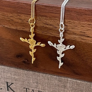 925 Sterling Silver Rose Cross Pendant Necklace French Vintage Style Elegant Chic Jewelry For Women
