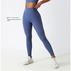 Detailed view of high-waist yoga leggings featuring breathable nude-feel elastic fabric