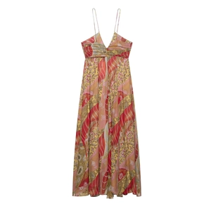 Floral print midi slip dress with V-neckline and lightweight vintage patchwork fabric