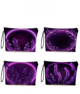 Detailed pattern display of lavender floral makeup bags with secure black zipper closures