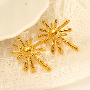 Exaggerated 18K gold plated stainless steel stud earrings with sunburst lava texture