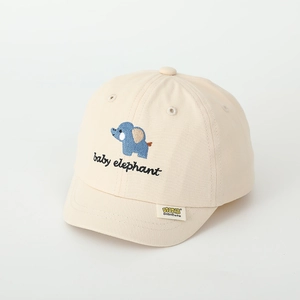 Detailed view of baby elephant embroidery on cream cotton baseball cap for kids