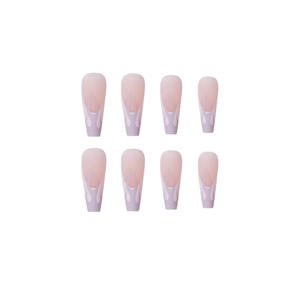 Morandi grey flame press-on nails with lavender and beige coffin shape nail art