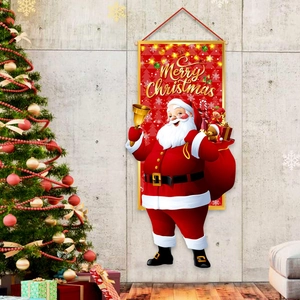 Outdoor Christmas banner featuring Santa Claus with a golden bell and Merry Christmas text