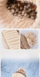 Close-up of beige knit texture and plush pom-pom detail on women's winter beanie hat