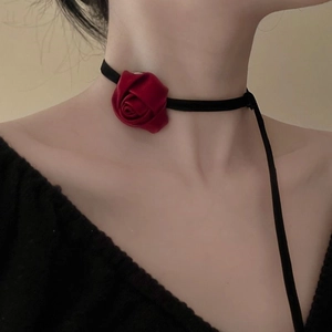 Elegant red velvet rose choker necklace with adjustable long black ribbon for women