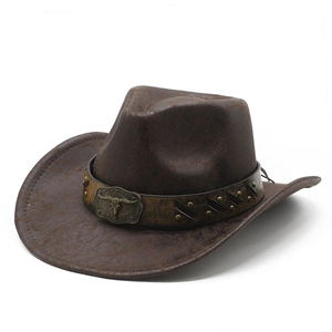 Classic brown suede western cowboy hat with vintage bull skull buckle and metal studs