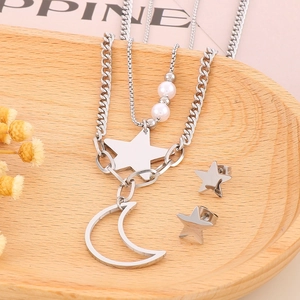 Silver stainless steel moon and star pendant necklace with pearl earrings jewelry set
