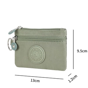 Grayish green nylon mini coin purse with double zippers and silver keychain ring