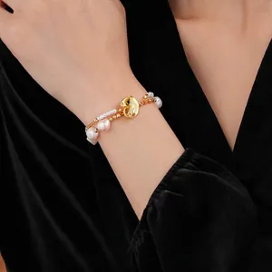 French vintage double-layered freshwater pearl bracelet with organic gold buckle