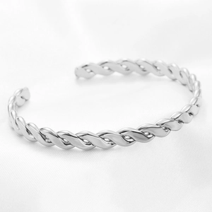 Adjustable silver minimalist C-shaped braided cable cuff bracelet for women