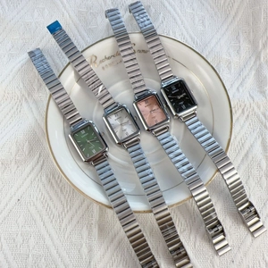 Elegant set of square quartz watches with colorful dials and bamboo style metal bands