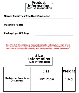 Tableau détaillé des tailles pour rubans de Noël mesurant trente par cent vingt-six cm