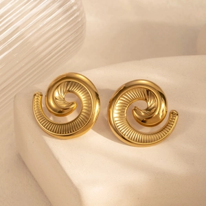 Minimalist gold starfish spiral stud earrings in stainless steel with textured finish