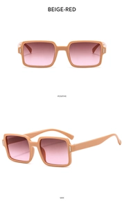 Detail of square beige-red sunglasses with metallic studs in front and side views