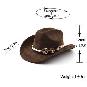 Detail view of brown cowboy hat with shell beads and size measurements in centimeters