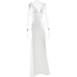 Detail of elegant white deep V-neck evening dress featuring smooth satin texture and slim fit