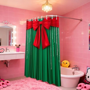 Christmas Shower Curtain Waterproof Polyester Plastic Hooks Large Red Bow Festive Bathroom Decor Pine Tree Diamond Print