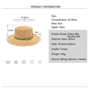Classic straw fedora hat with green ribbon band, size 56-58cm for summer sun protection