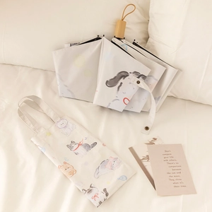 Automatic folding cat print sun umbrella with wooden handle and matching storage bag