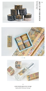 Detailed washi tape with gold stamping applied on perfume bottles and lipsticks