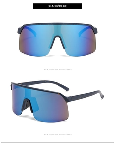 Detail view of black and blue cycling sunglasses with golden specks and mirrored lenses