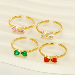 Anello Fiocco 18K Placcato Oro Acciaio Inossidabile Cuore Zircone Regolabile Aperto Gioielli Tendenza Donna