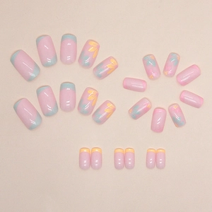 Pink and blue French tips nails with floral pattern 24pcs set in square shape