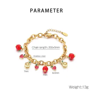 Detail of stainless steel gold bracelet with fruit charms and 200mm chain length specs