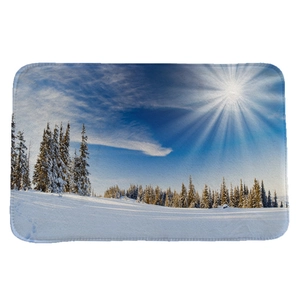 Absorbent flannel floor mat featuring a serene winter snow forest and blue sky landscape