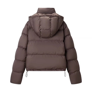 Women's short hooded puffer jacket in dark brown with drawstring hem, back view