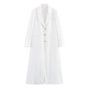 Women Long Trench Coat Faux Linen Polyester Lapel Collar Single Breasted Loose Casual Elegant Office Outerwear White