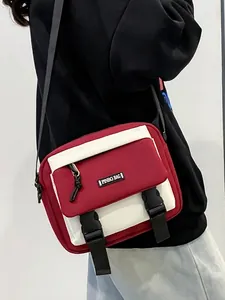 Retro sport crossbody bag with red and white color blocking and adjustable buckle strap