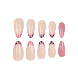 Pink French almond press-on nails with white snowflake and black stripe patterns