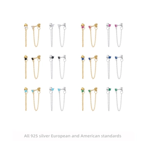 925 Sterling Silver Tassel Chain Earrings With Colorful Cubic Zirconia Minimalist Geometric Ear Line Studs For Women